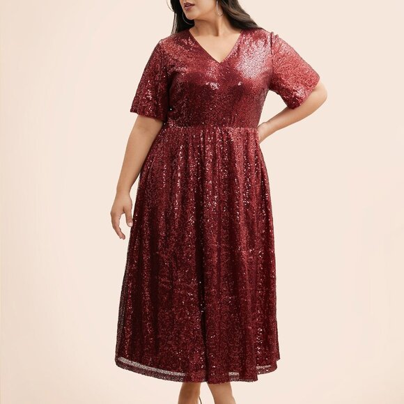 BloomChic Dresses & Skirts - BLOOMCHIC Sequin V Neck Elastic Waist Dress SIZE 3X